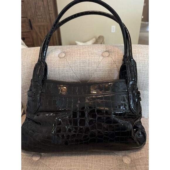 BRIGHTON Crocs Embossed Belted Black Patent Leather Shoulder Bag - Picture 8 of 14